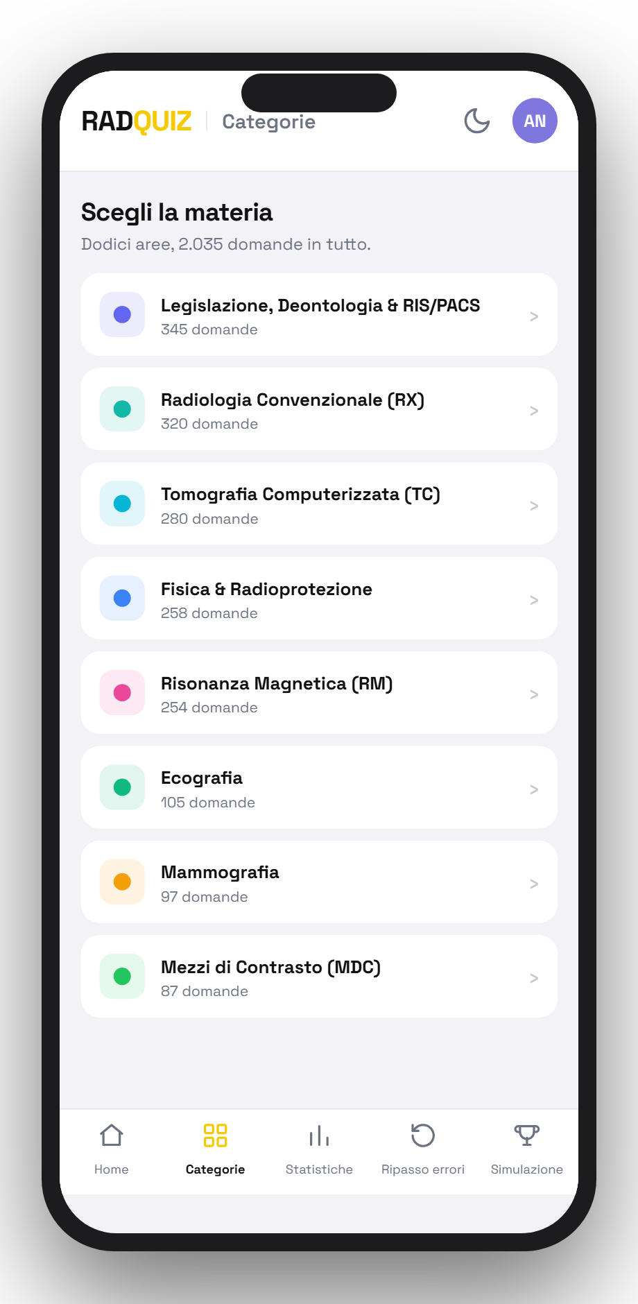 Le materie di RadQuiz sul telefono
