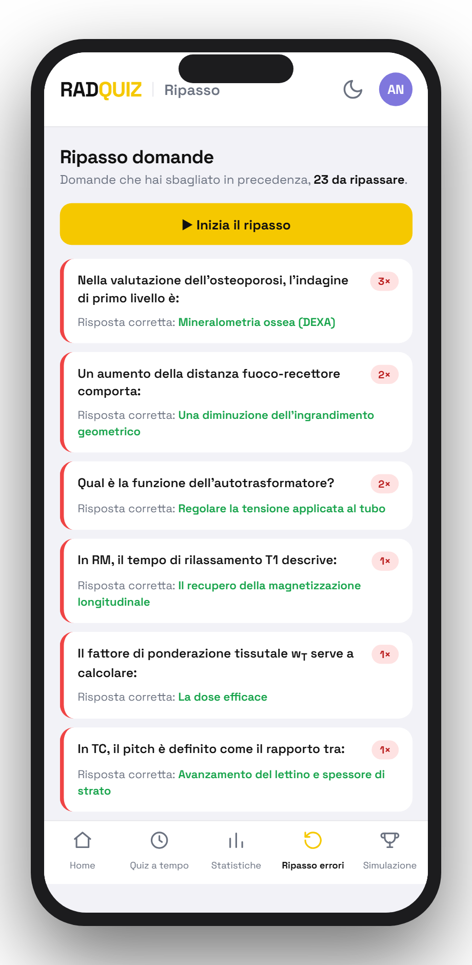 La schermata di ripasso errori di RadQuiz